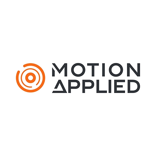 Motion Applied logo with an orange circular design made of three curved lines and a central dot on the left, followed by the words "MOTION APPLIED" in bold black uppercase letters, where the letter A in "APPLIED" is stylized as a triangle.