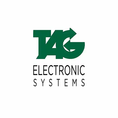 Logo of TAG Electronic Systems. The design features the letters "TAG" in bold, dark green uppercase font with a stylized arrow integrated into the letter G. Below the logo text, the words "ELECTRONIC SYSTEMS" appear in black, uppercase letters in a clean, sans-serif typeface on a white background.