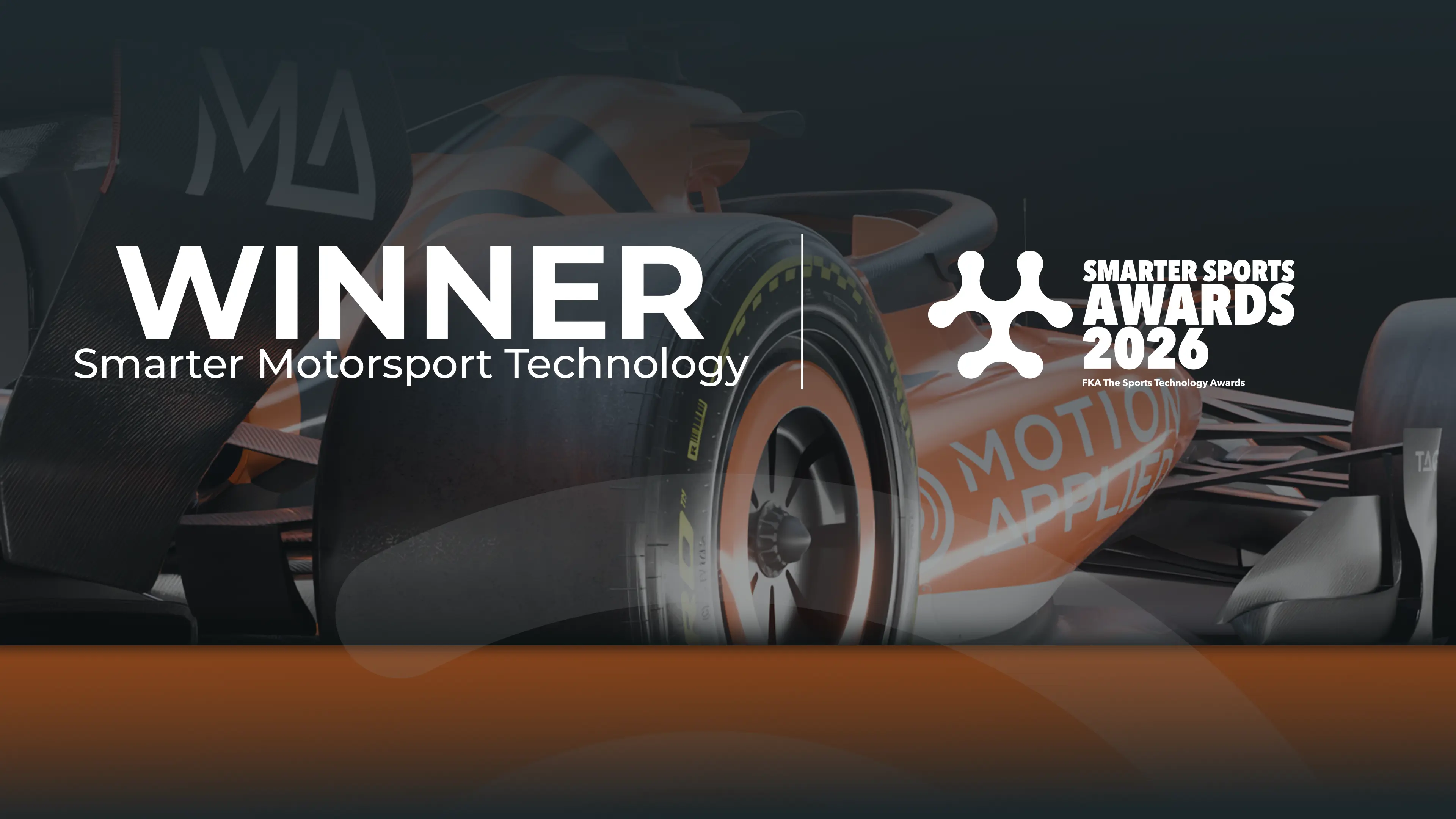 Orange and black race car detail with rear wheel and bodywork, overlaid with text 'WINNER Smarter Motorsport Technology' and 'Smarter Sports Awards 2026'.