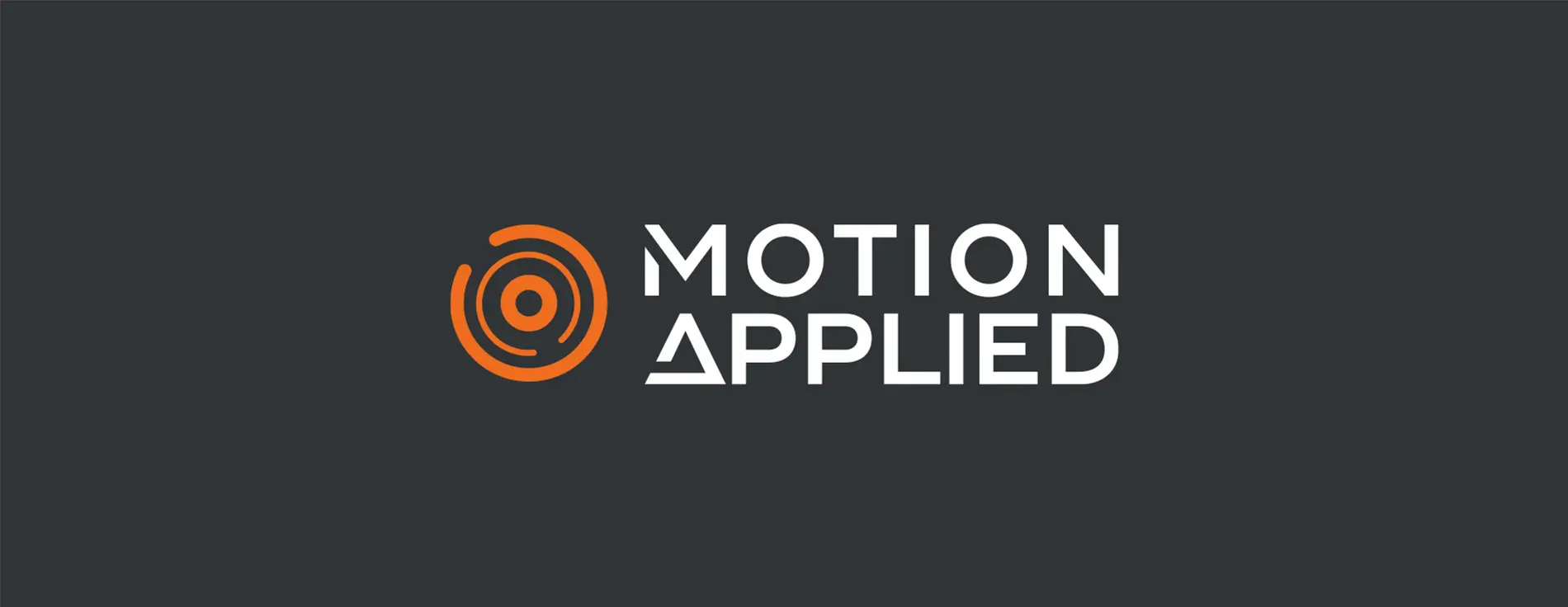 Logo with an orange circular design on the left and the words “MOTION APPLIED” in bold white uppercase letters on a dark gray background.