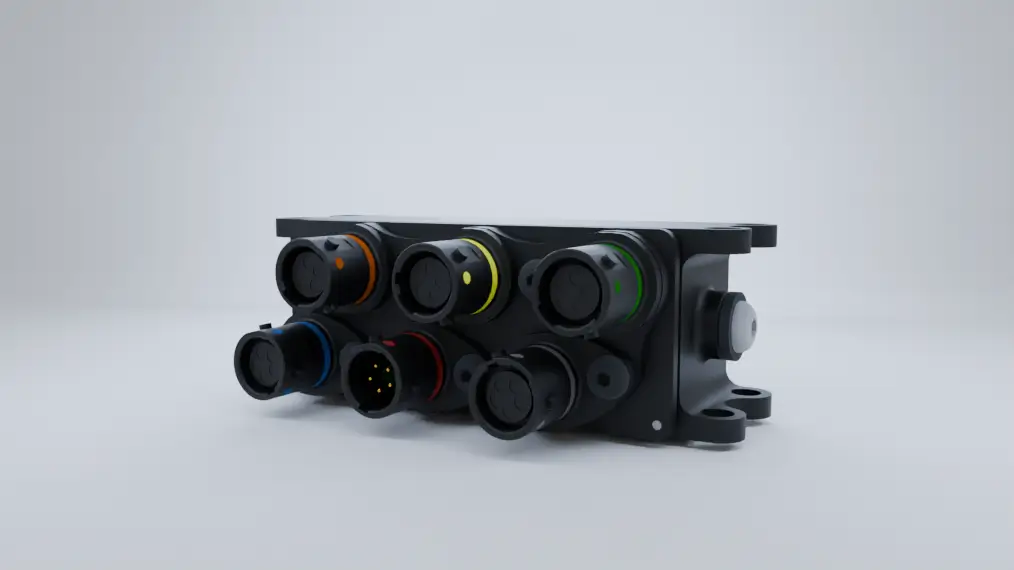 Compact motorsport interface unit with connectors for integrating vehicle electronic systems.