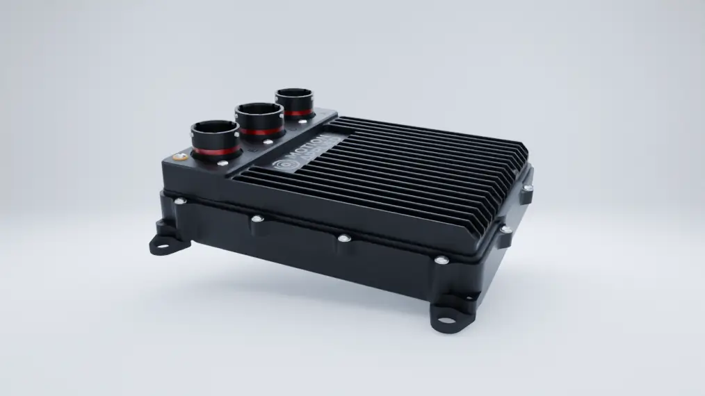 Engine control unit in a rugged aluminium housing with multiple sealed connectors for motorsport engine management.