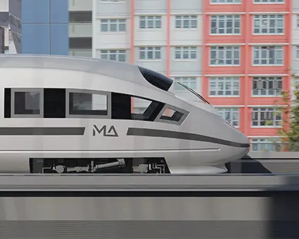 Modern high‑speed passenger train traveling on an elevated track through an urban area, with residential buildings visible in the background.