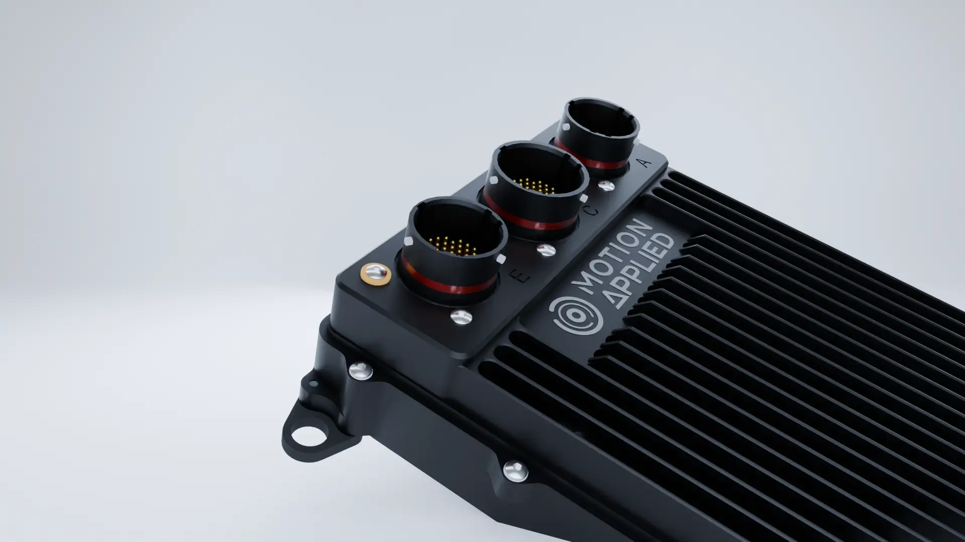 Engine control unit in a rugged aluminium housing with multiple sealed connectors for motorsport engine management.